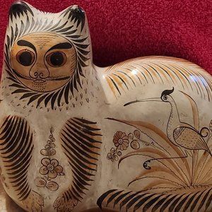 Vintage Mexican Tonala Pottery Cat with floral and bird motif